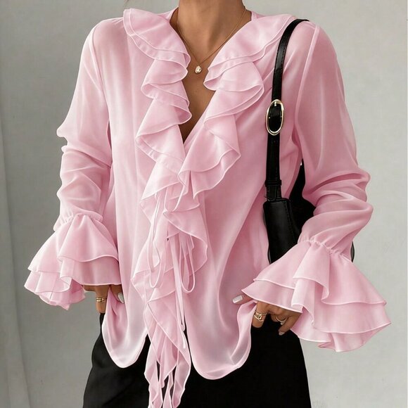 Tops - Pink Casual Women's French Elegant Chiffon Lantern Sleeve V Neck Blouse